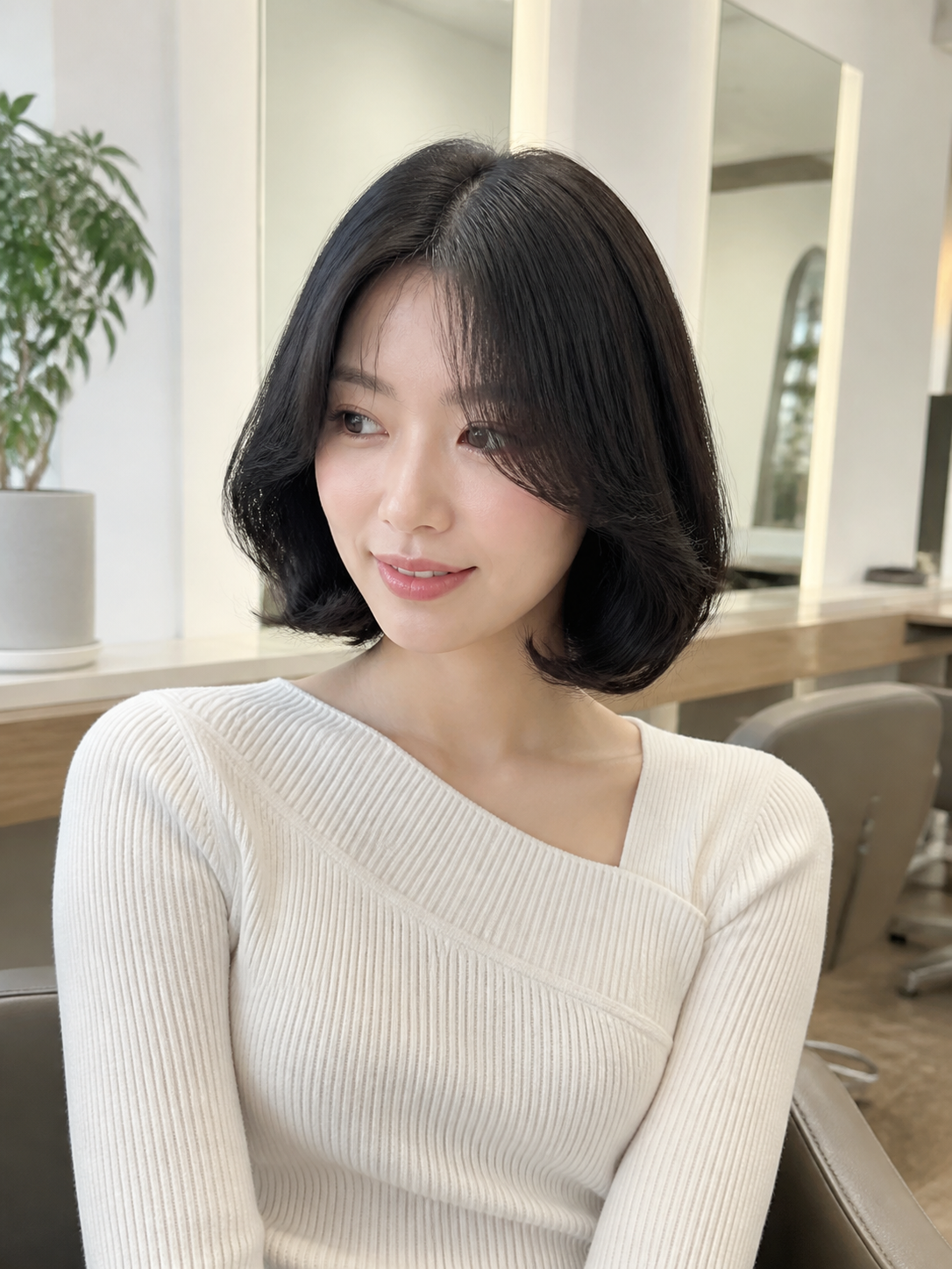 턱선 아래 보브 기반 숏단발과 C컬 끝선