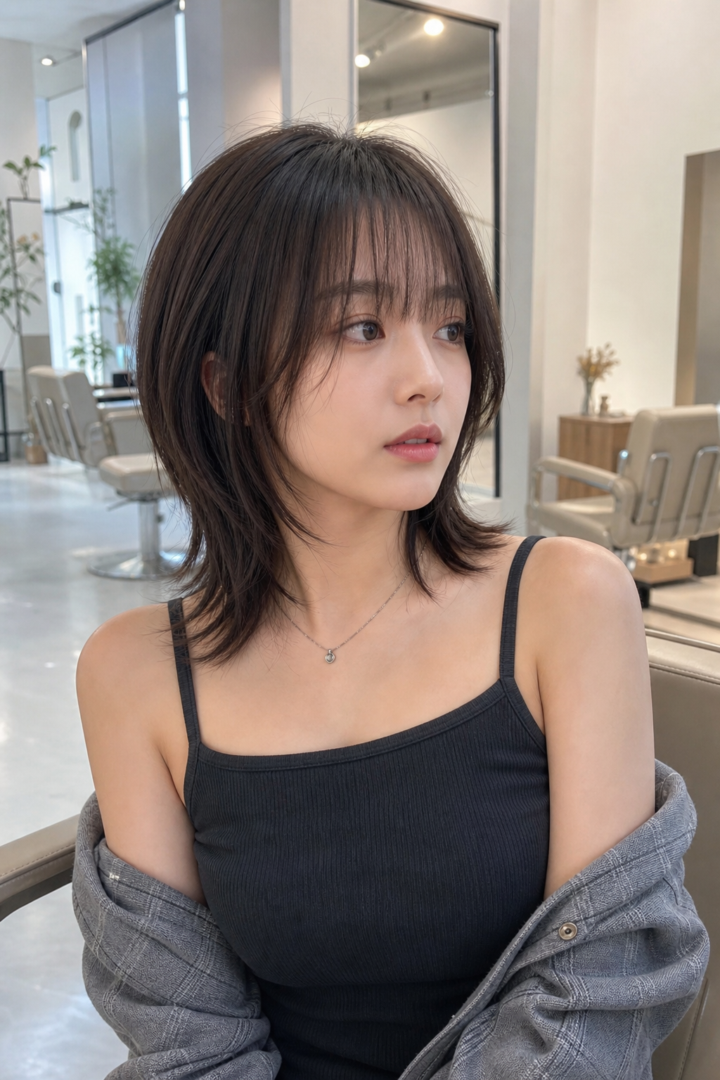 자연스러운 볼륨감이 돋보이는 중단발 허쉬컷