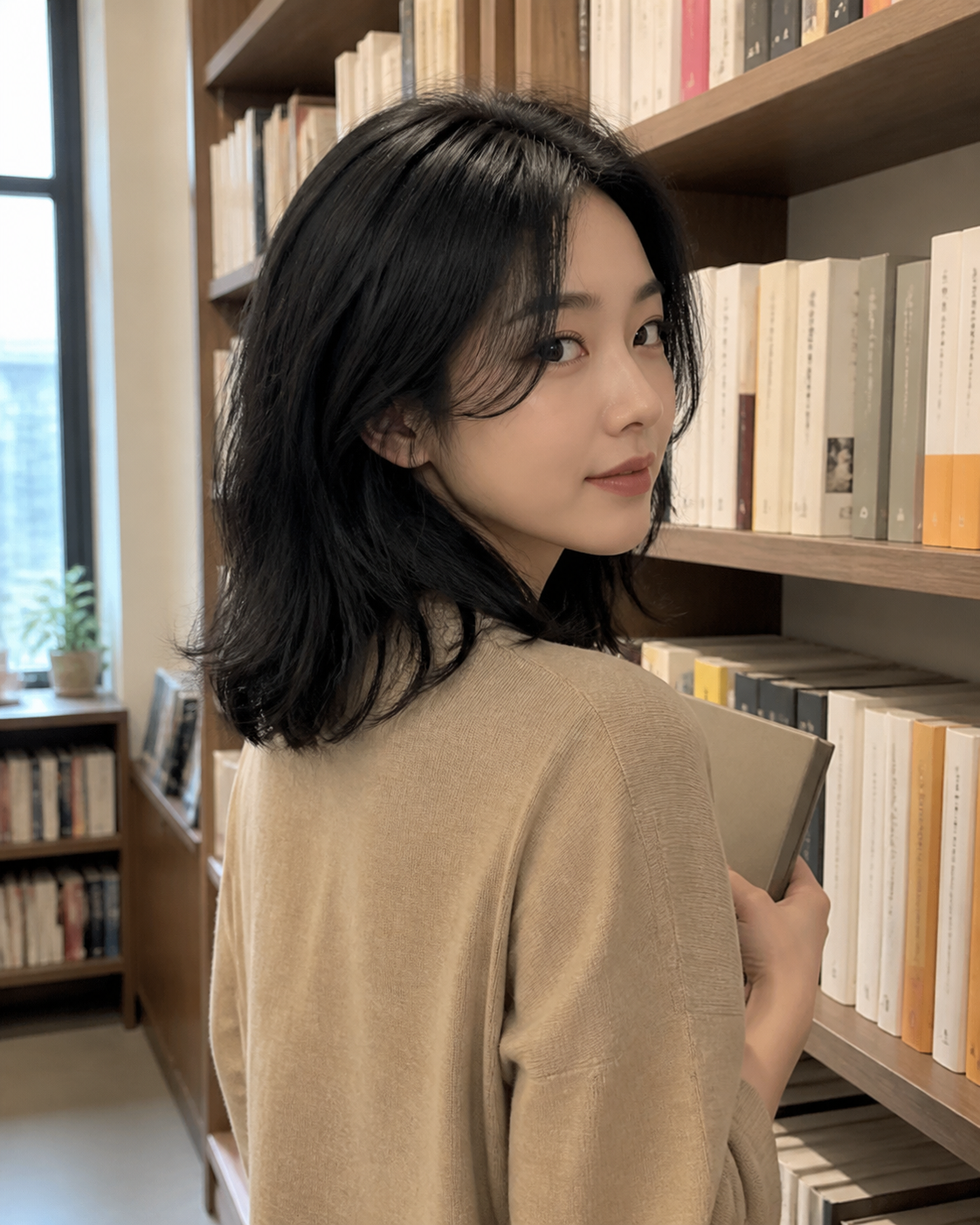 서점에서 돋보이는 매끈한 중단발 실루엣
