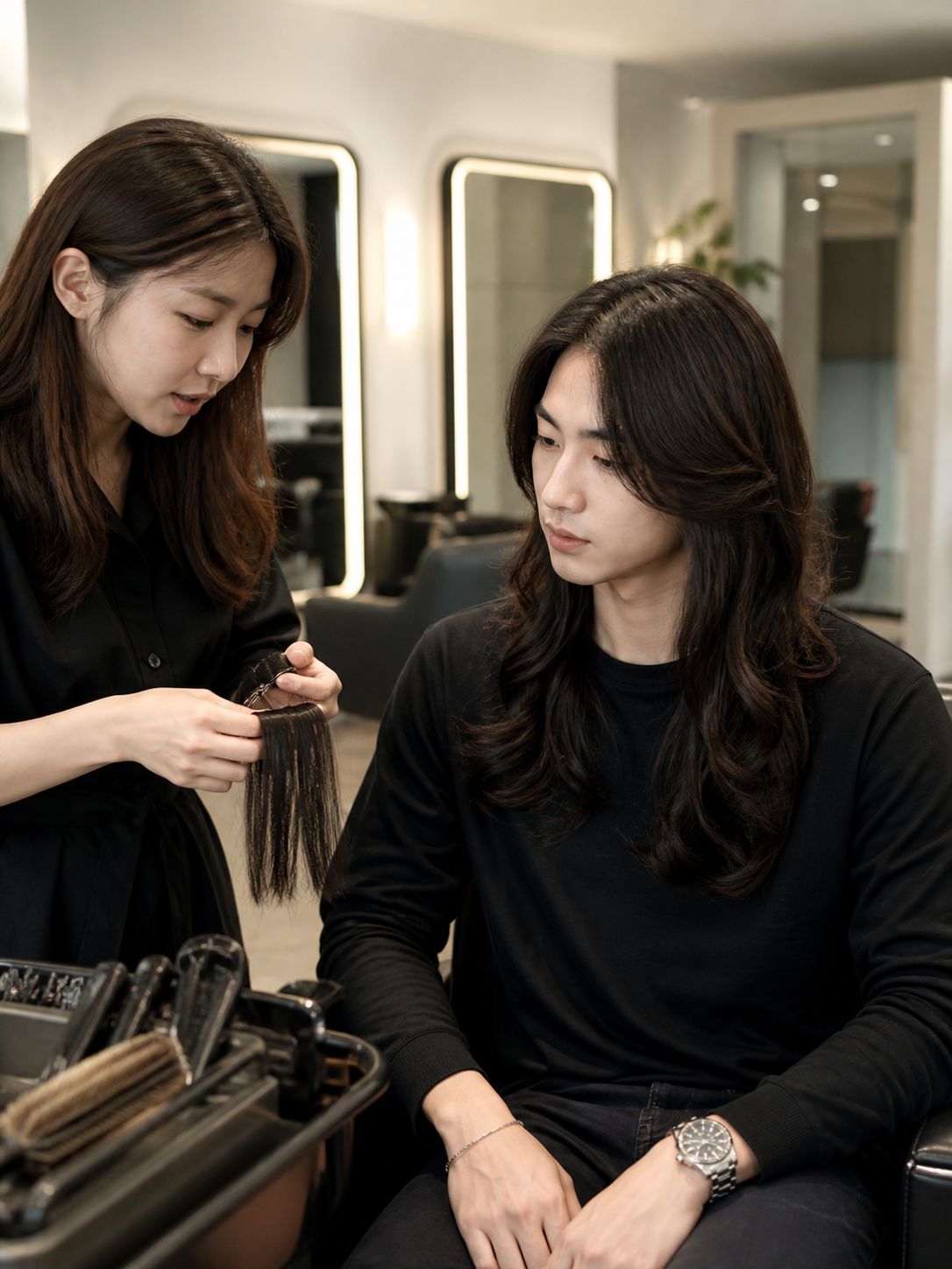 시술 전 유지 관리와 모발 상태를 확인하는 장면