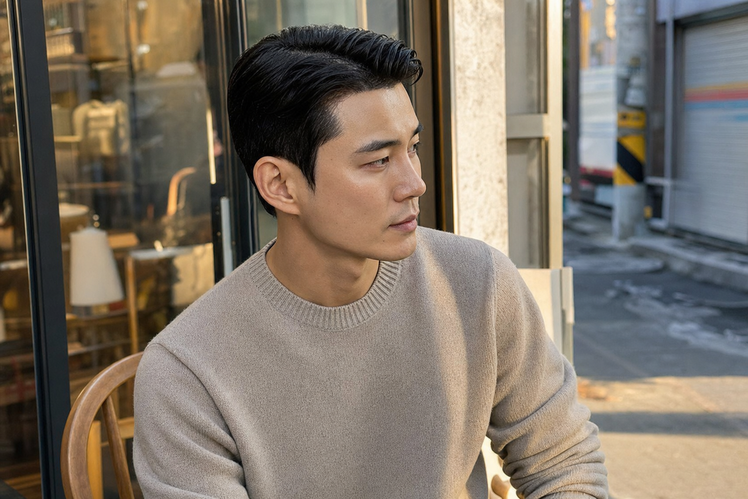 편집샵 앞에서 보이는 세련된 남자 포마드