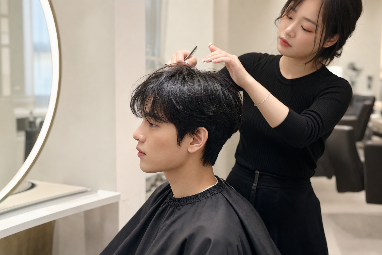 남성 고객 수요가 높은 시스루컷과 다운펌 이미지