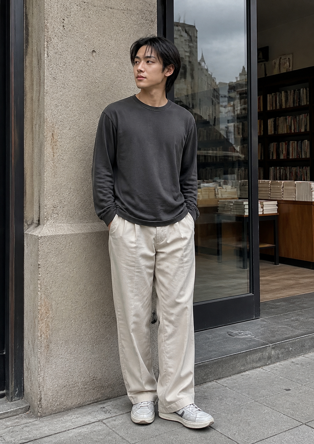 서점 앞 전신샷으로 확인하는 균형 잡힌 실루엣