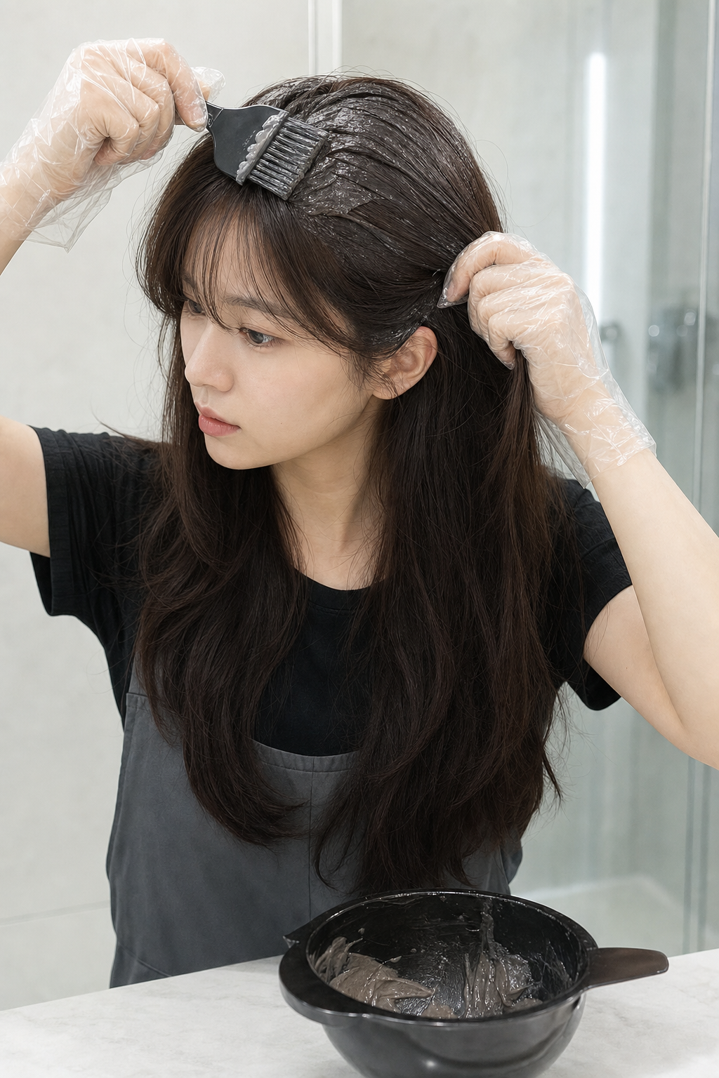 집에서 단백질염색약을 사용하는 셀프 염색 장면