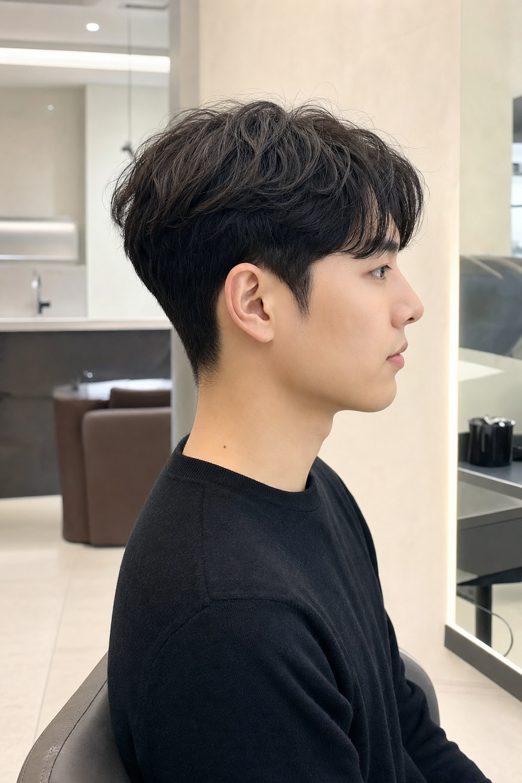 드랍컷의 옆면 라인과 자연스럽게 떨어지는 앞머리