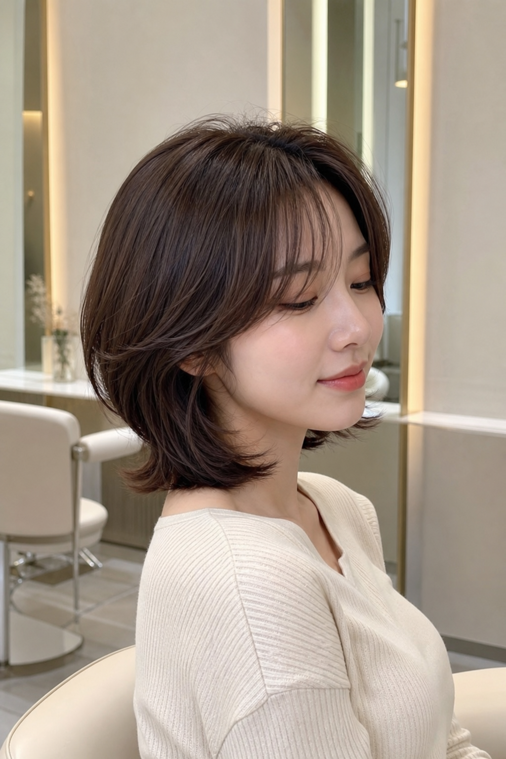 시크하고 자연스러운 여성 중단발 허쉬컷.