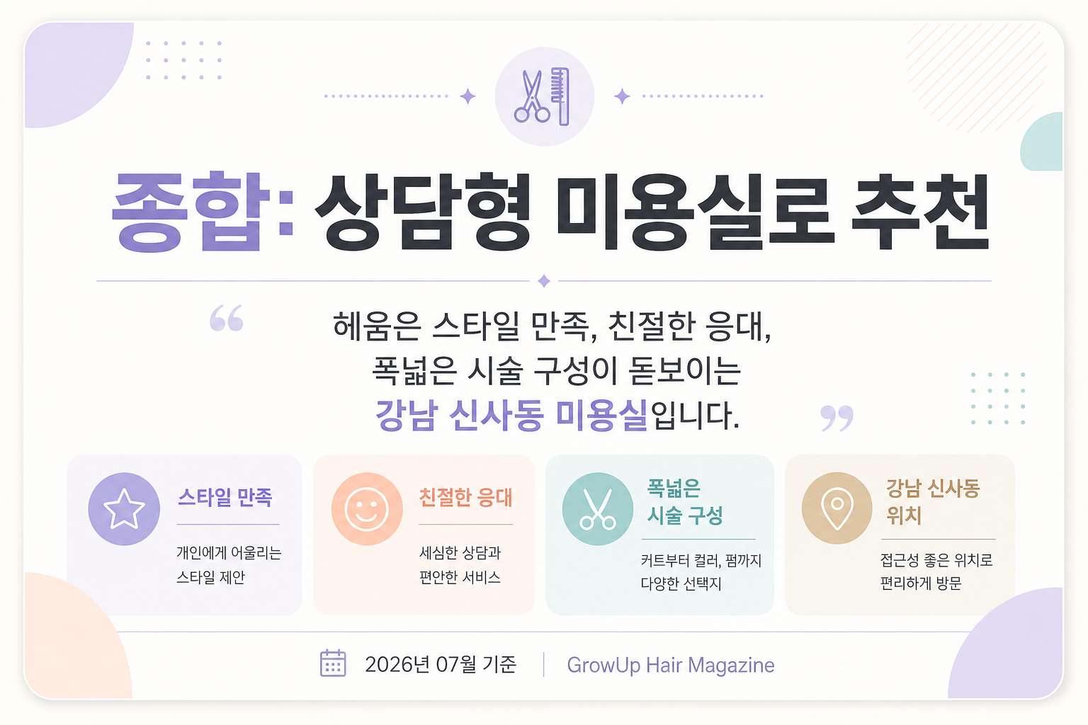 종합: 상담형 미용실로 추천 — 헤움은 스타일 만족, 친절한 응대, 폭넓은 시술 구성이 돋보이는 강남 신사동 미용실입니다.