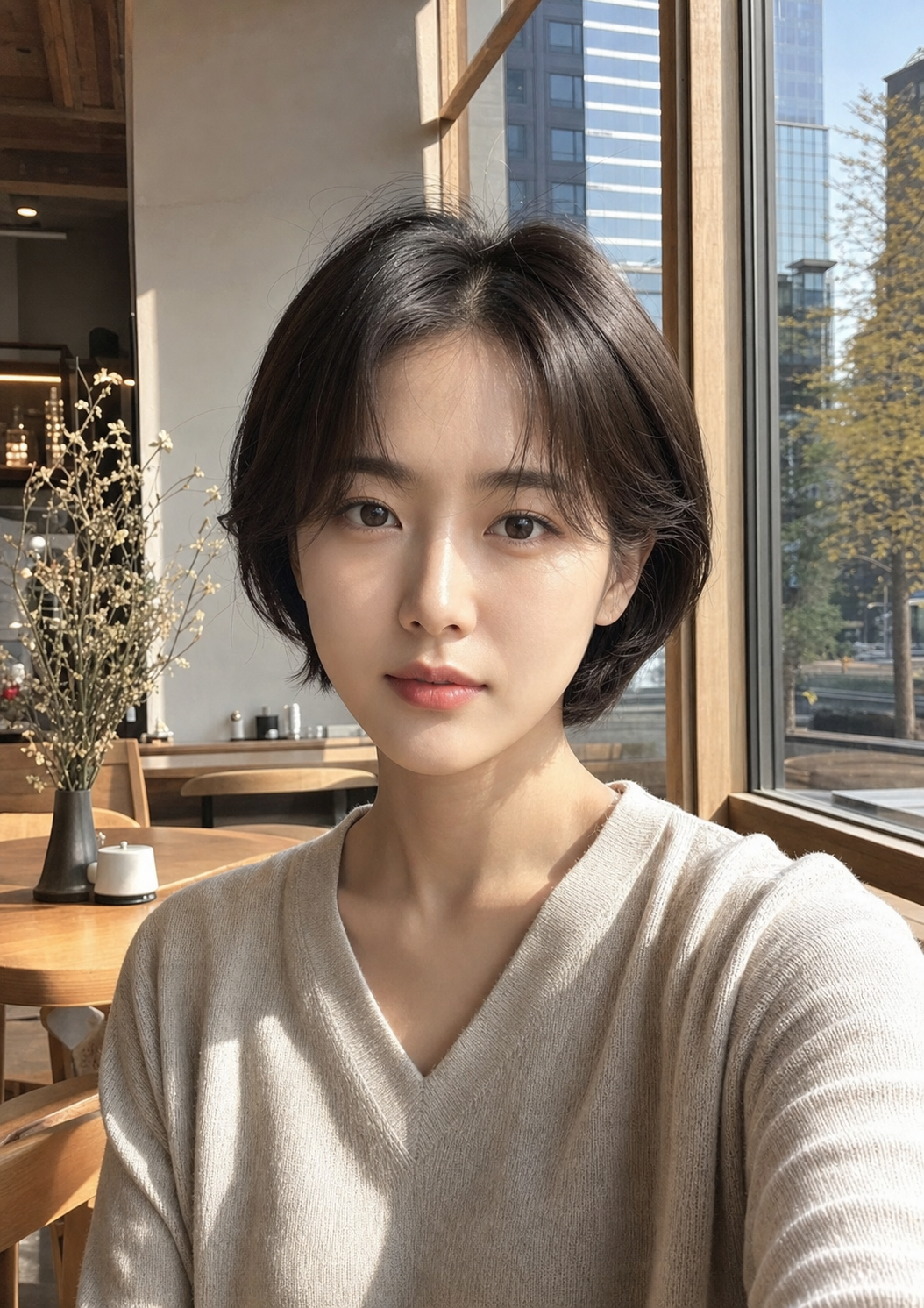 카페 창가에서 찍은 자연스러운 턱선 단발 셀피