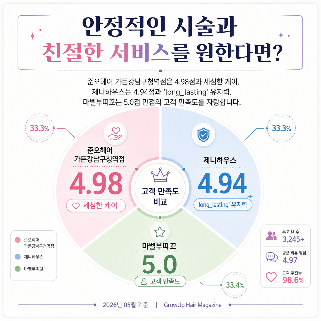 안정적인 시술과 친절한 서비스를 원한다면? — 준오헤어 가든강남구청역점은 4.98점과 세심한 케어. 제니하우스는 4.94점과 'long_lasting' 유