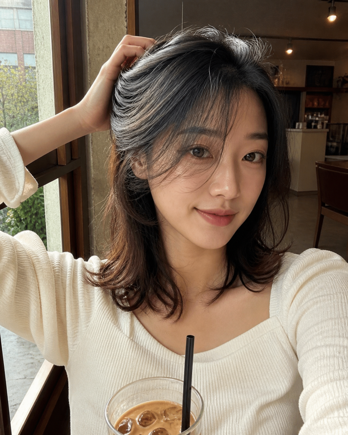 창가 카페 셀피에서 보이는 단정한 블랙 중단발