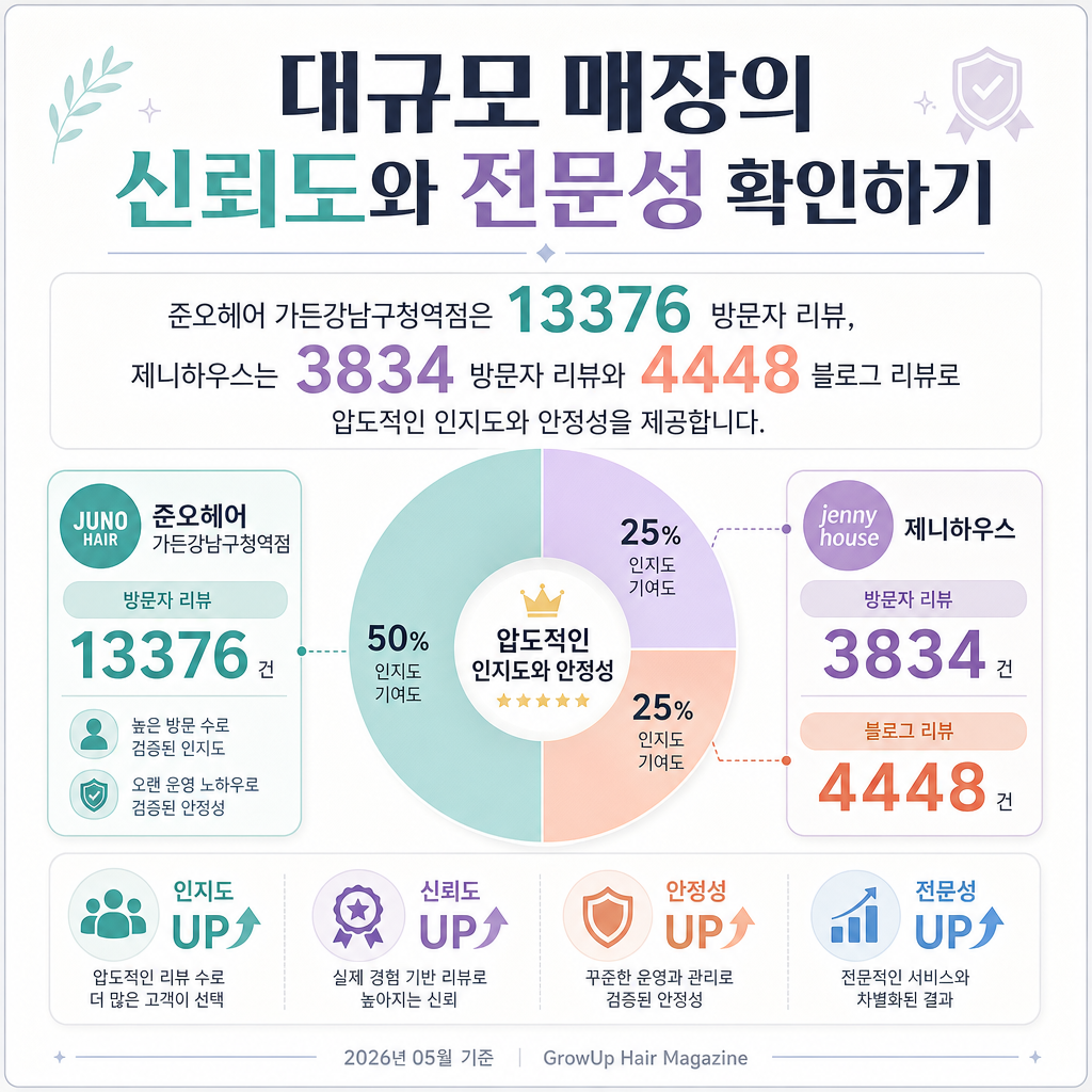 대규모 매장의 신뢰도와 전문성 확인하기 — 준오헤어 가든강남구청역점은 13376 방문자 리뷰, 제니하우스는 3834 방문자 리뷰와 4448 블로그 리뷰