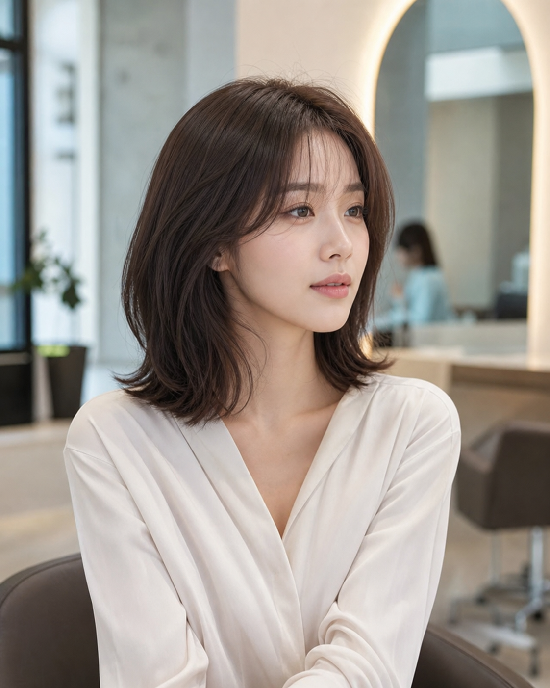 어깨선 전후 중단발 레이어드와 시스루뱅 포인트