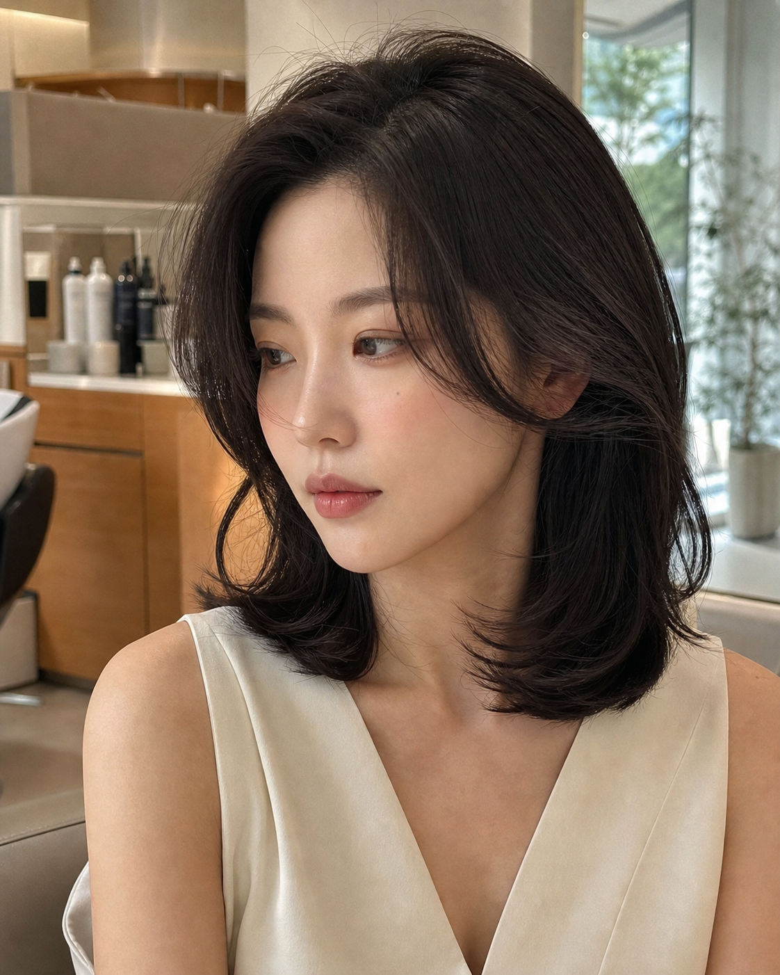 고윤정, 자연스러운 중단발 웨이브 헤어스타일, 스튜디오 화보, 따뜻한 햇살, 내추럴 무드, 한국인 여성, with layered silhouette, soft C-curl fini