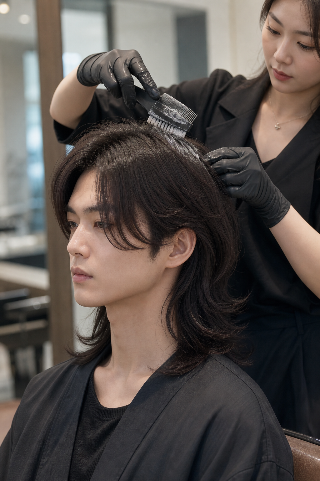 신림의 현대적인 미용실에서 숙련된 디자이너에게 다운펌 시술을 받는 한국 남성.
