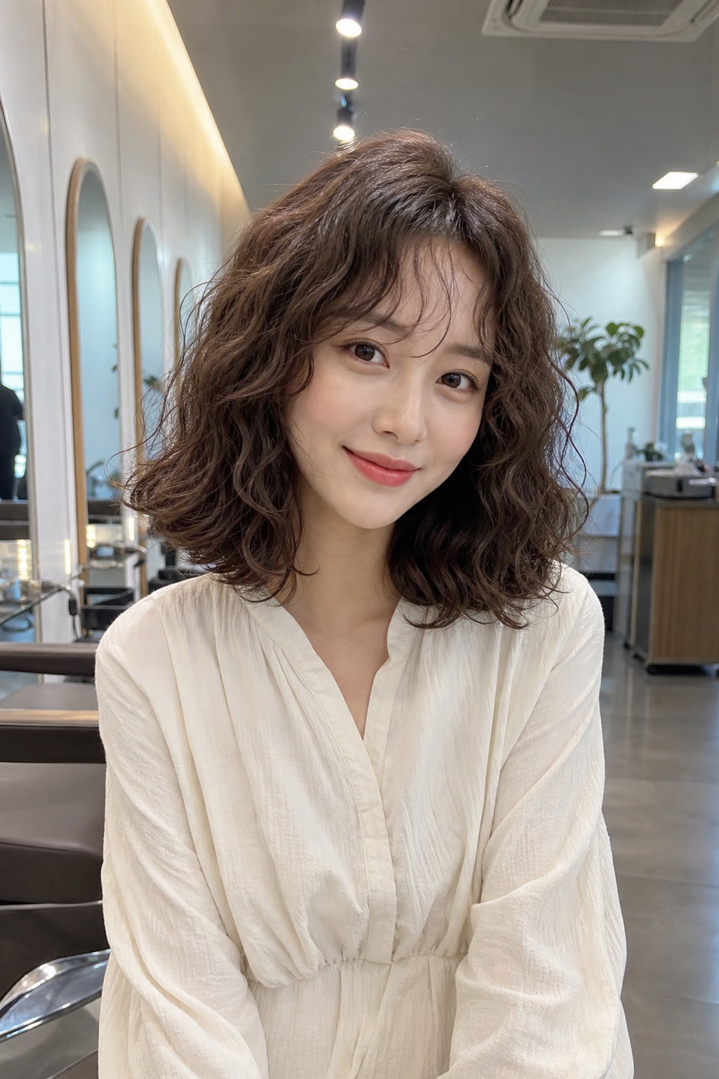A woman with a stylish medium-length hippie perm, smiling confidently, with a focus on her face look