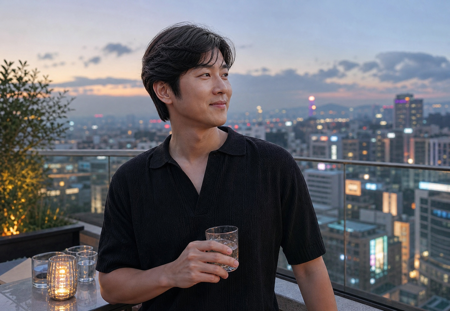 도심 노을 속 루프탑 스냅