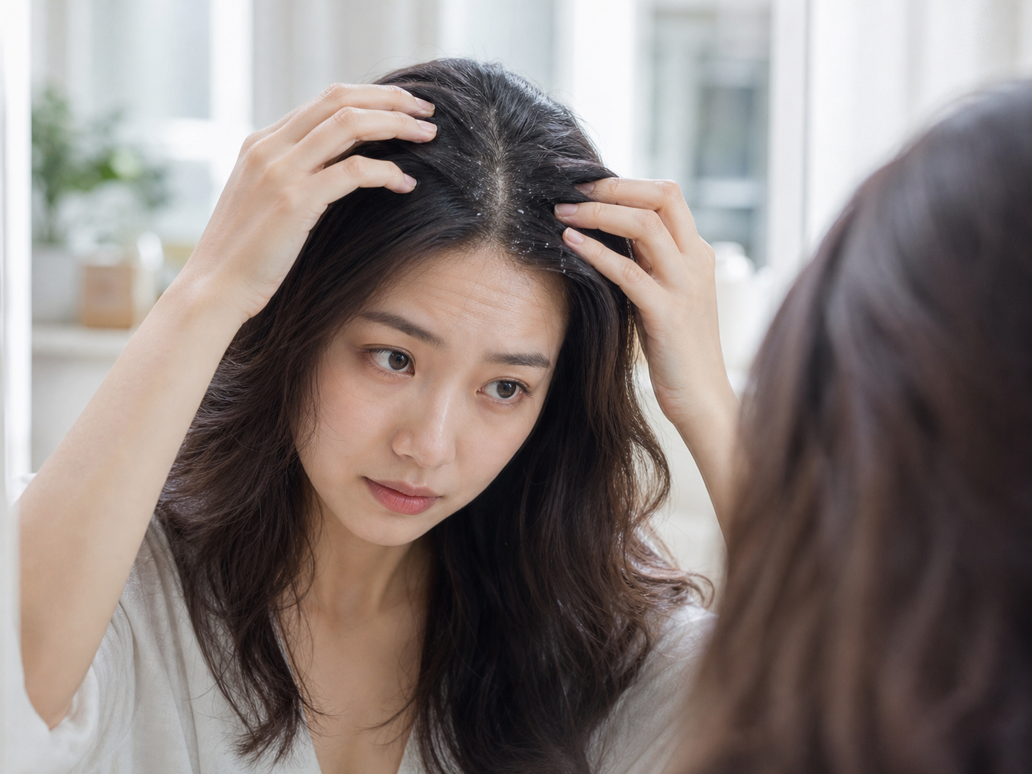 건성두피의 각질과 당김을 확인하는 장면