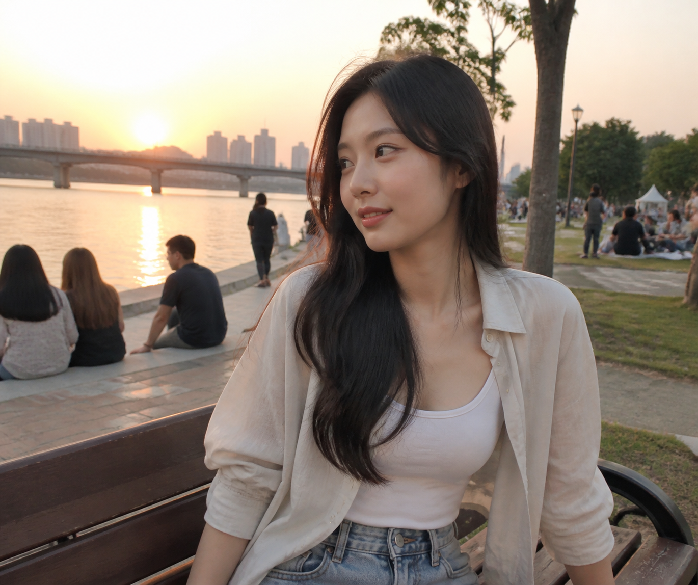 한강공원 노을 스냅, 정수리 볼륨과 옆선 강조