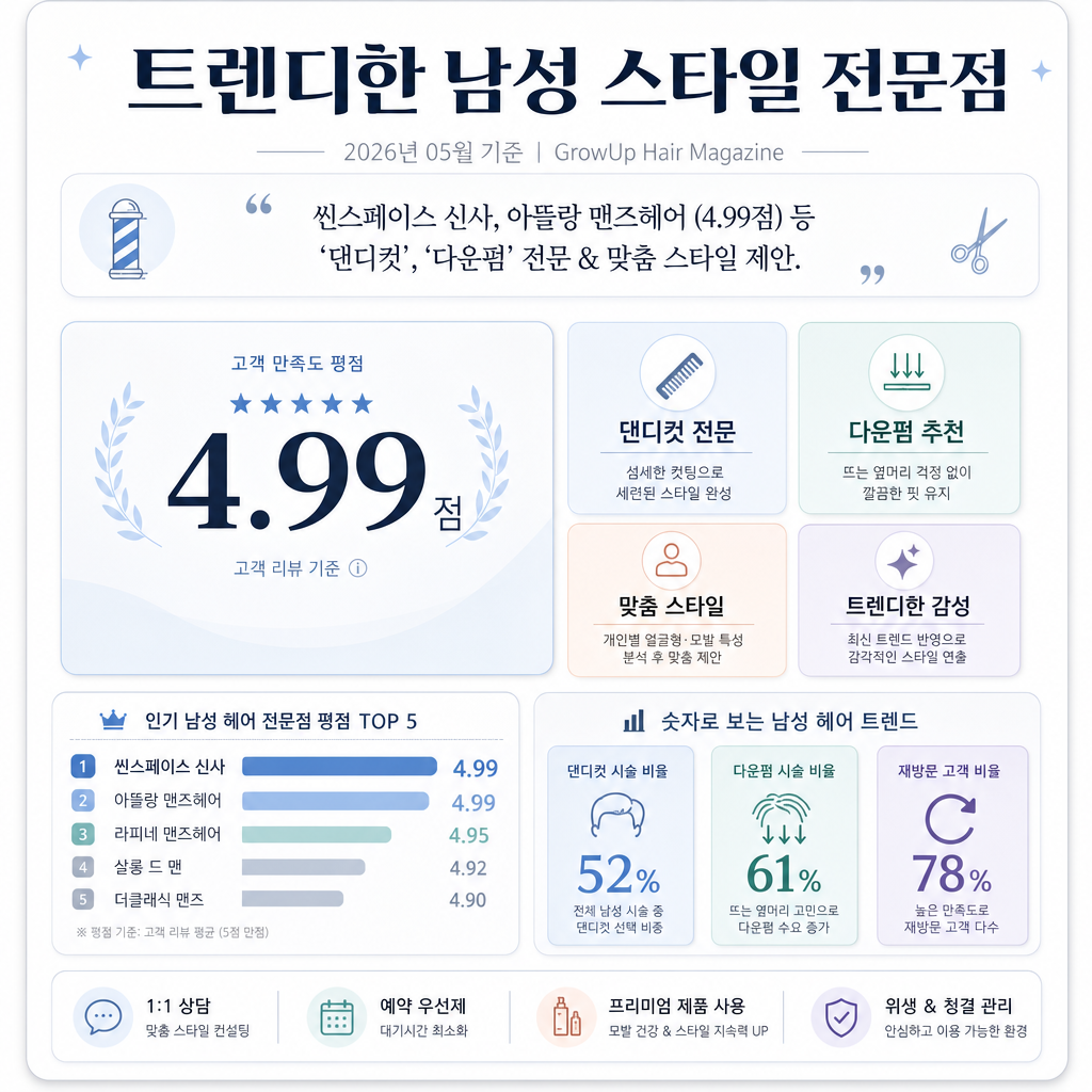 트렌디한 남성 스타일 전문점 — 씬스페이스 신사, 아뜰랑 맨즈헤어 (4.99점) 등 '댄디컷', '다운펌' 전문 & 맞춤 스타일 제안.