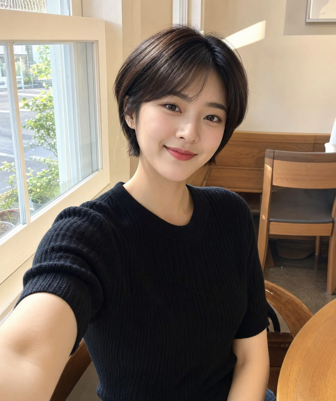 카페 창가에서 보이는 가벼운 태슬 단발