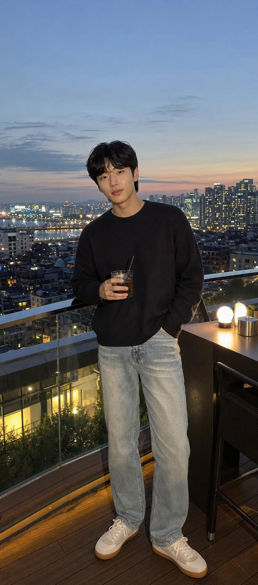 도심 야경 속 흐르는 중단발 스타일