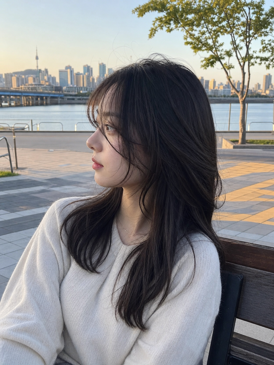 한강 노을 아래에서 보이는 청순한 레이어드