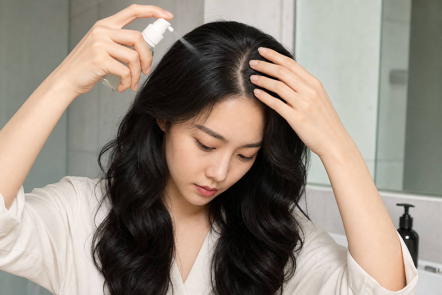두피 토닉을 가르마 라인에 사용하는 장면