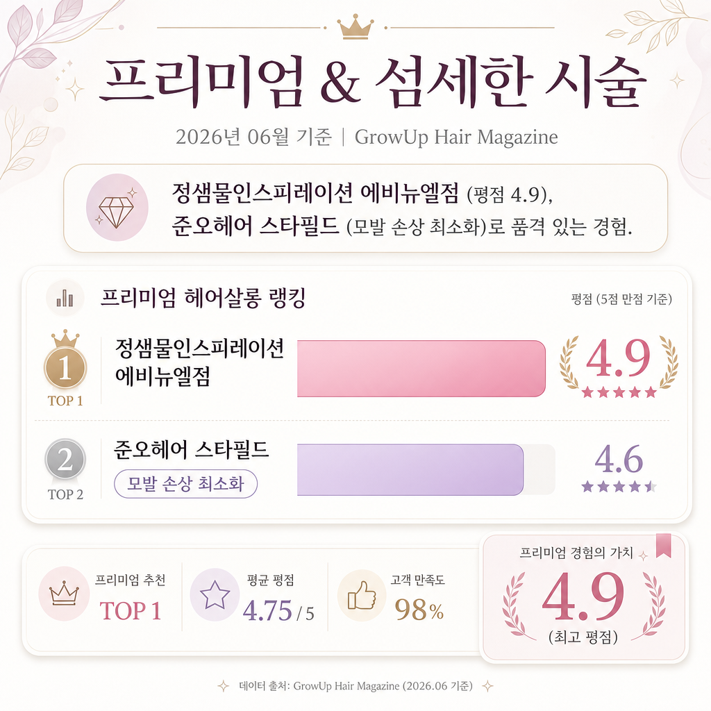 프리미엄 & 섬세한 시술 — 정샘물인스피레이션 에비뉴엘점 (평점 4.9), 준오헤어 스타필드 (모발 손상 최소화)로 품격 있는 경험.