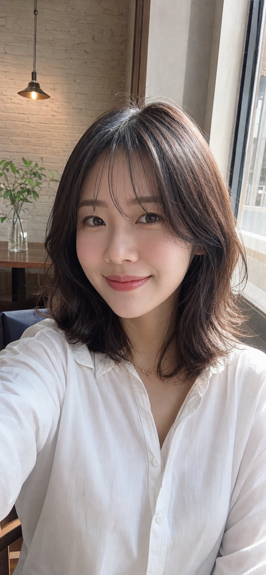 카페 창가에서 찍은 자연스러운 하니 스타일 셀피