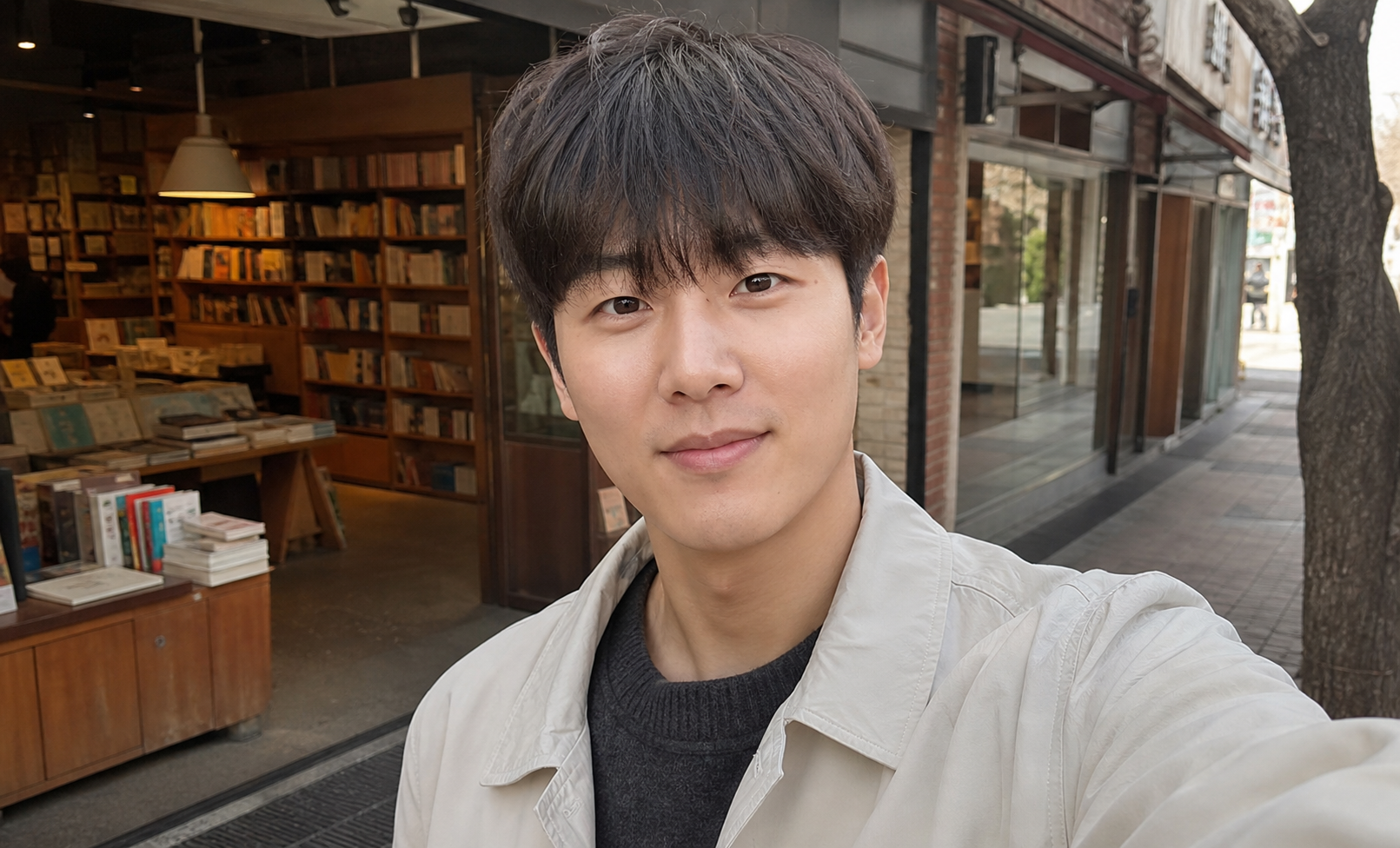 대학가 서점 앞에서 담은 무난하고 세련된 남자 헤어