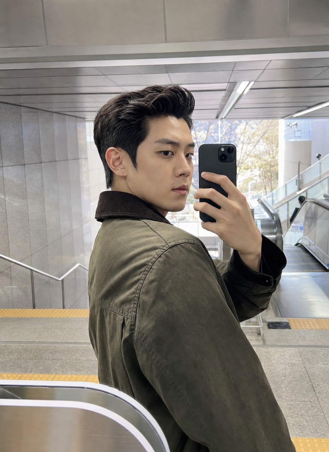 지하철역 입구 거울셀카로 보는 포마드 실루엣