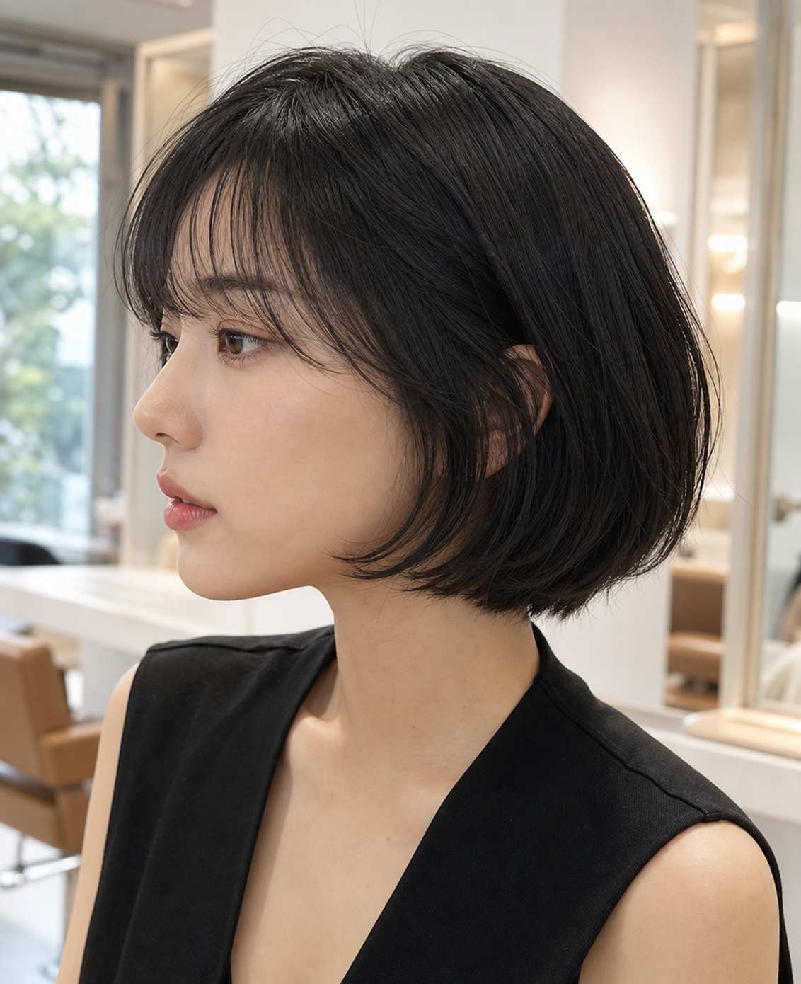 둥근 보브 단발과 자연스러운 C컬, 시스루뱅 느낌