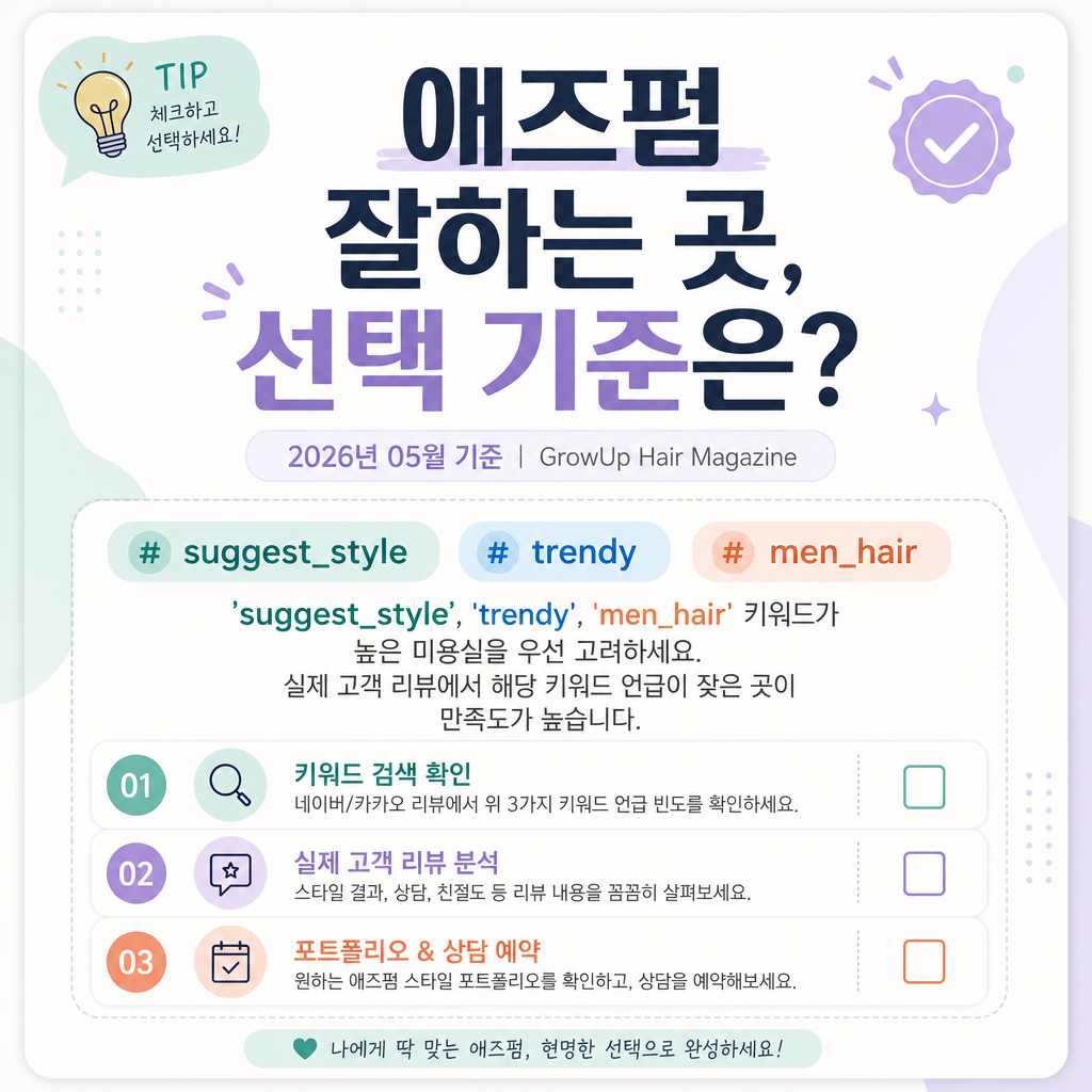 애즈펌 잘하는 곳, 선택 기준은? — 'suggest_style', 'trendy', 'men_hair' 키워드가 높은 미용실을 우선 고려하세요.