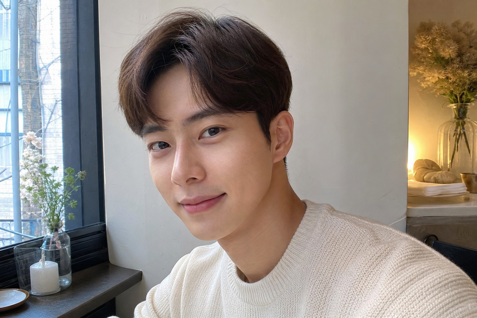 카페 창가에서 자연스러운 시스루 가르마 셀피