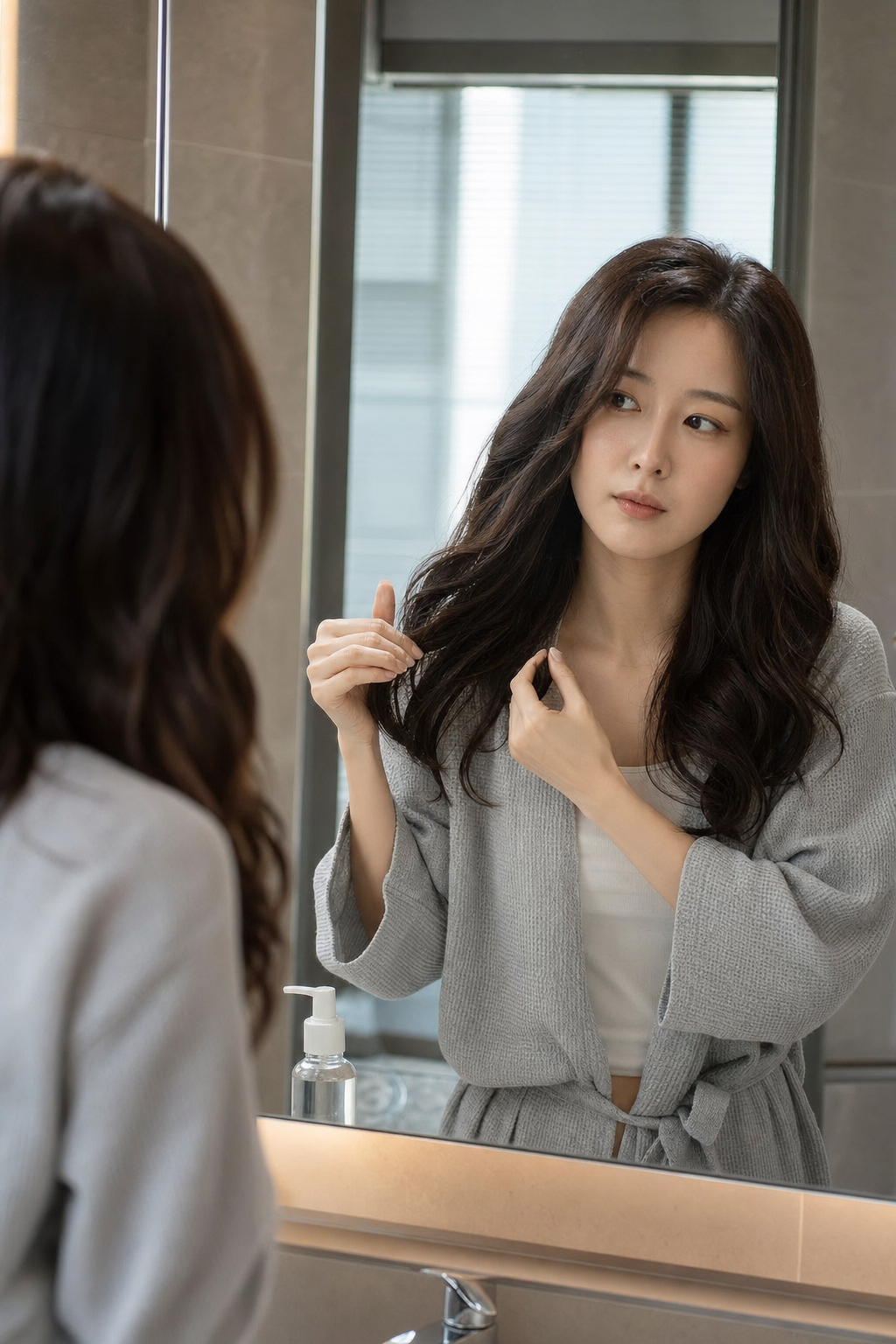 부산빌드펌 후 집에서 헤어 에센스를 바르며 관리하는 한국 여성