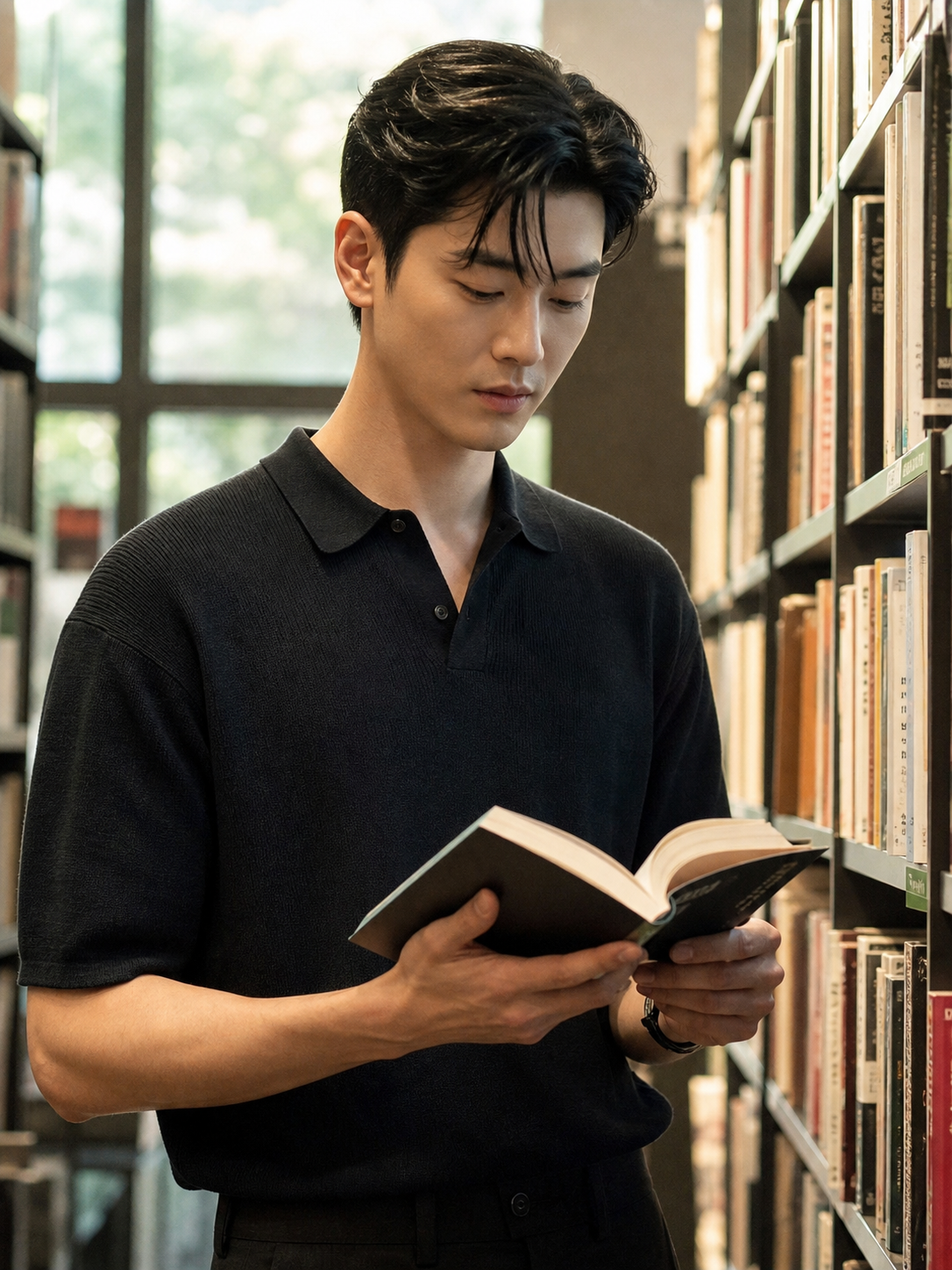 서점에서 차분하게 보이는 정돈된 앞머리 스타일