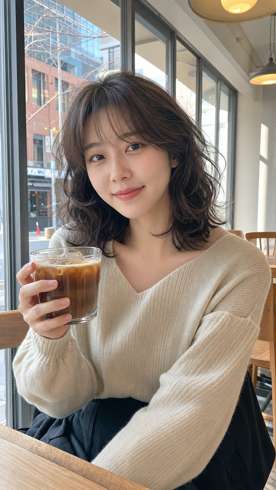 카페 창가에서 보이는 김세정 무드의 자연스러운 레이어드 헤어