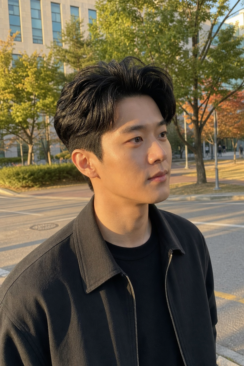 대학가 거리에서 보이는 단정한 스마트 헤어