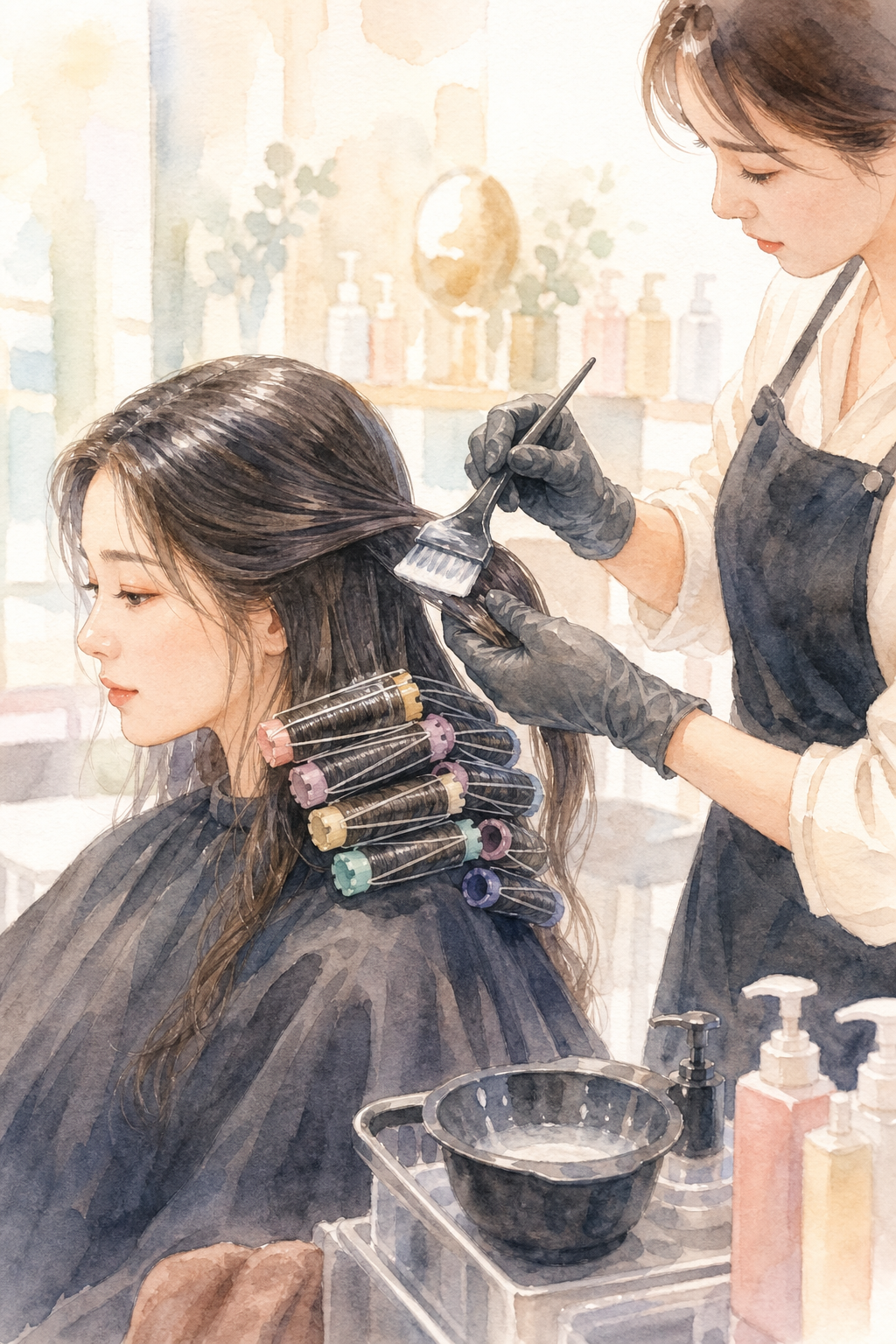 전문 헤어 디자이너가 고객의 모발에 펌제를 도포하는 모습