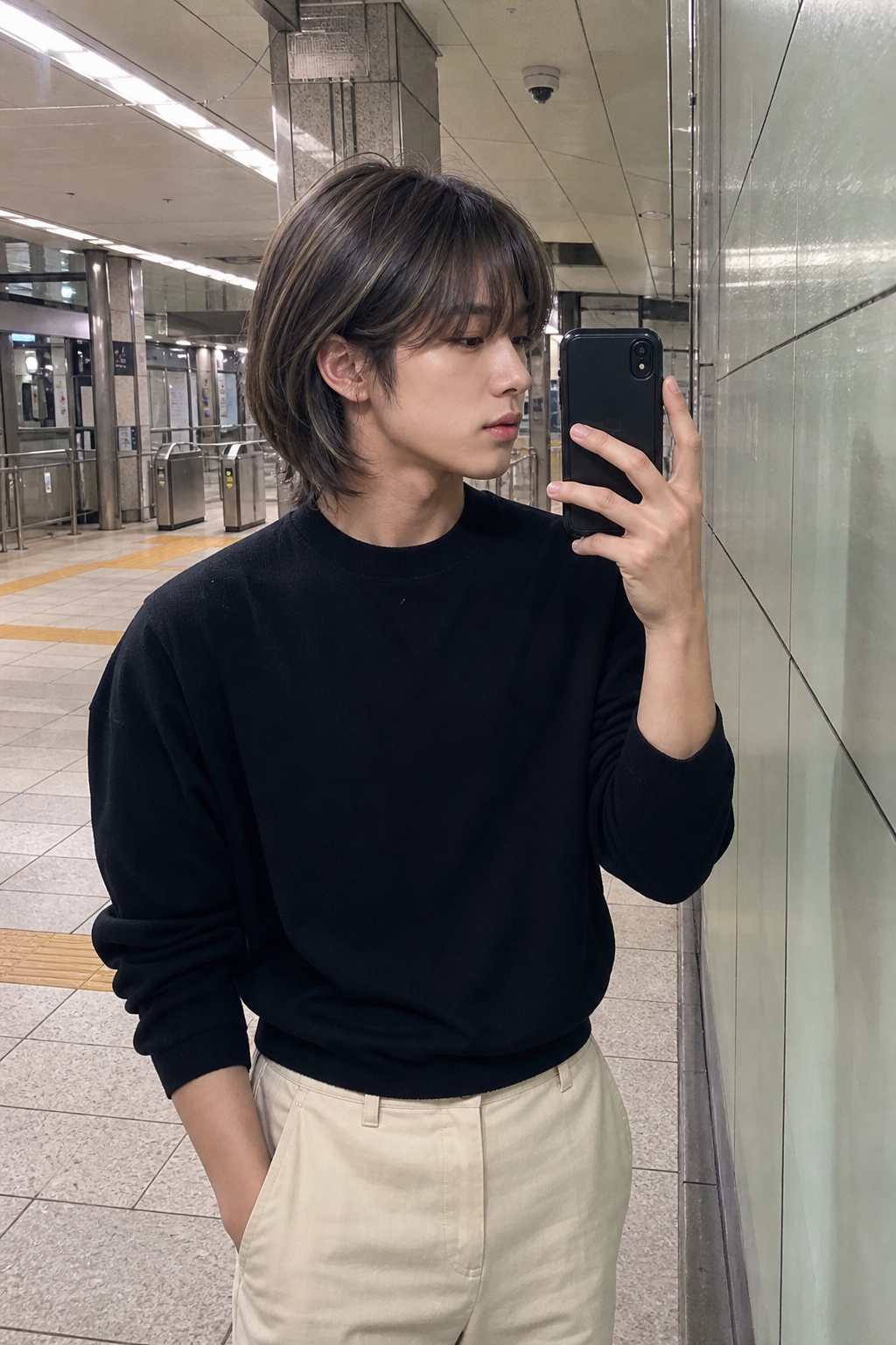 지하철역 거울 셀카로 확인하는 쿨톤 헤어