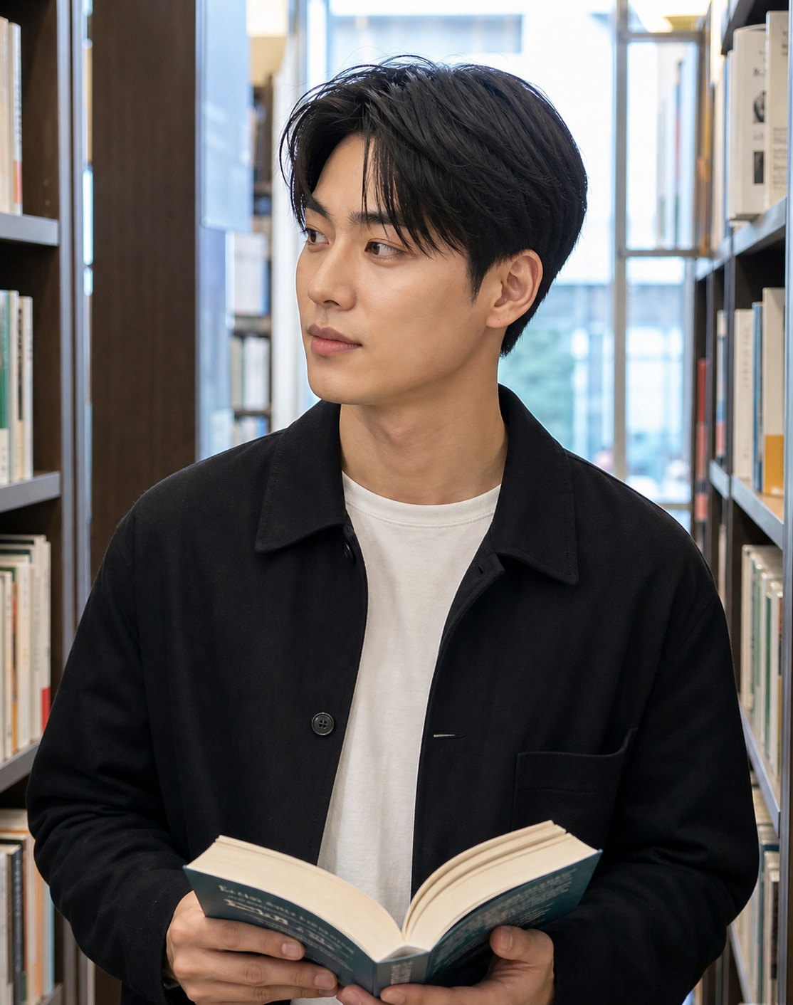 서점에서 담은 차분한 슬릭백 계열