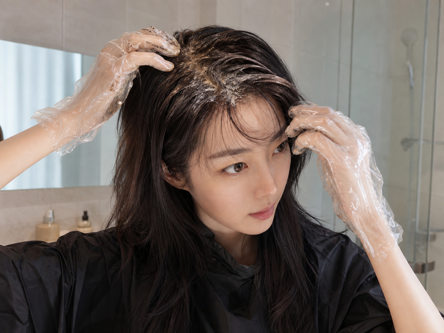 거품형 밝은갈색염색약의 셀프 도포 장면