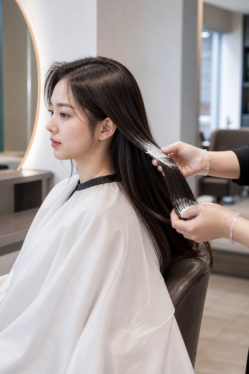 손상 모발에 트리트먼트를 도포하는 살롱 장면