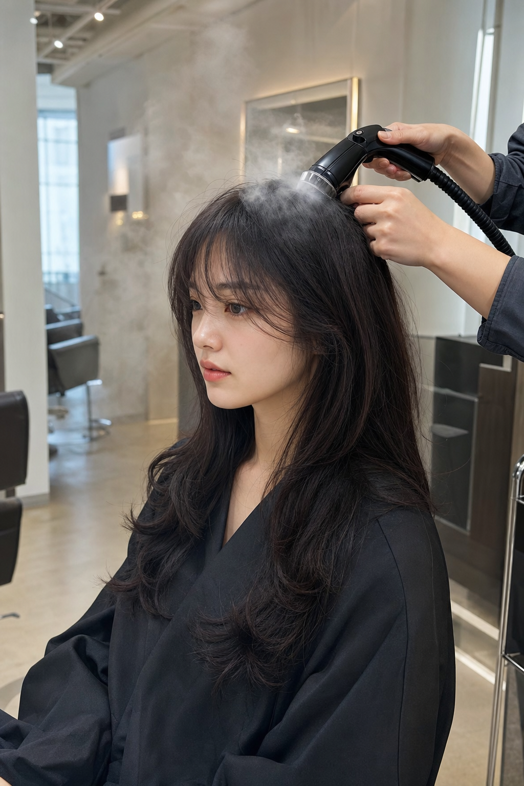 신림의 밝고 개방감 있는 미용실에서 헤어클리닉 시술을 받으며 편안하게 휴식하는 한국 여성.