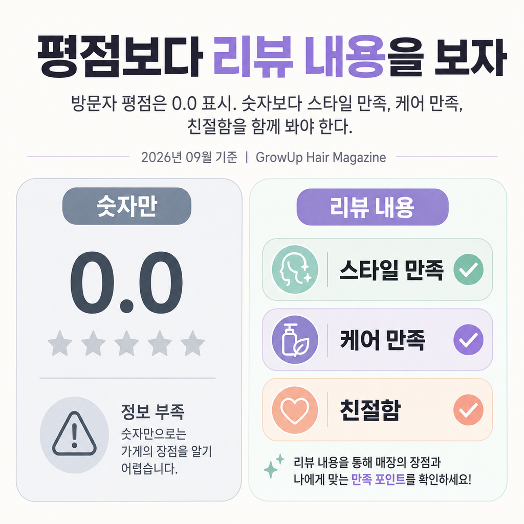 평점보다 리뷰 내용을 보자 — 방문자 평점은 0.0 표시. 숫자보다 스타일 만족, 케어 만족, 친절함을 함께 봐야 한다.
