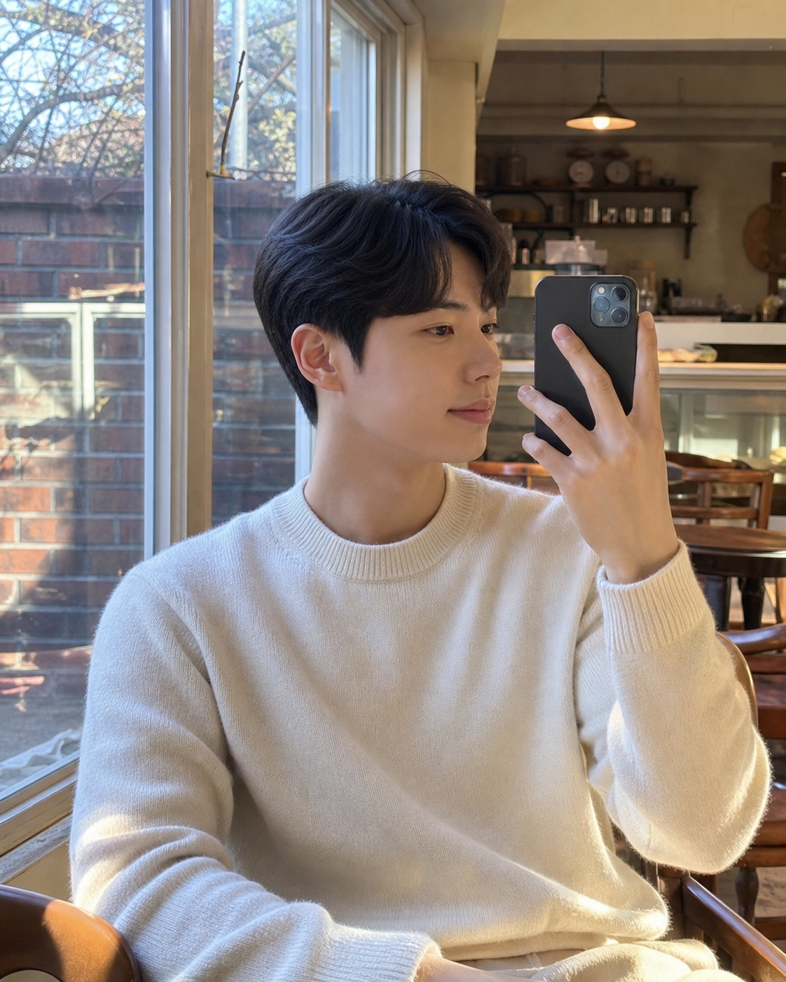 카페 창가 셀피, 자연스러운 가르마와 부드러운 볼륨
