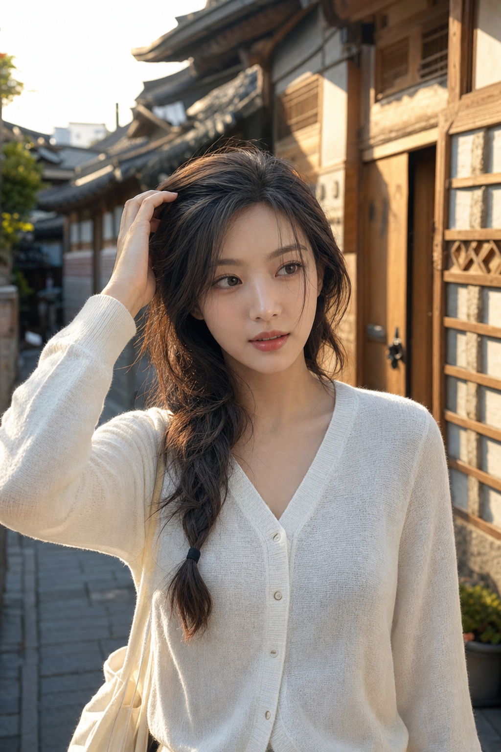 한옥 골목에서 자연스럽게 걷는 장면