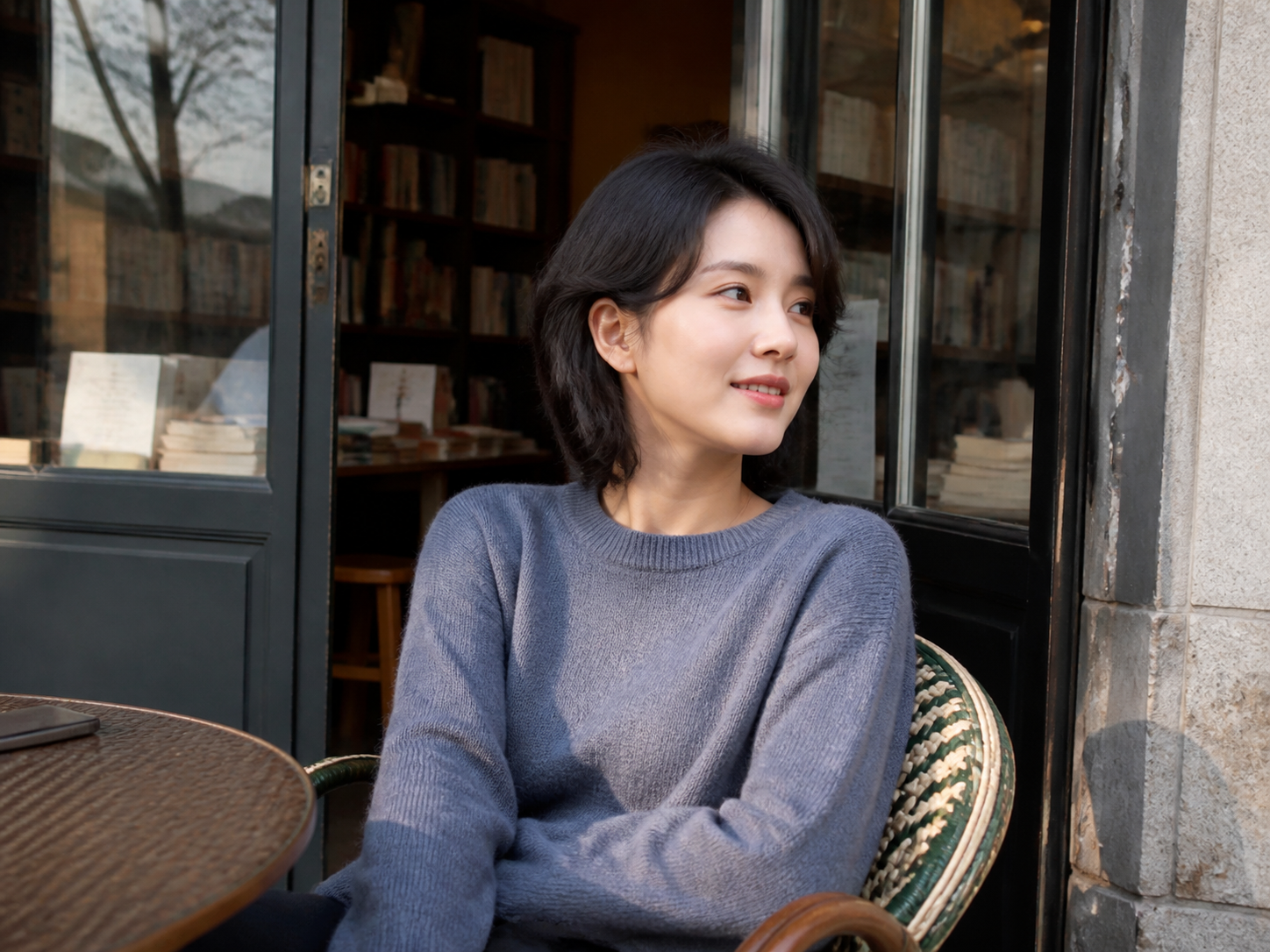 서점 앞 반신샷, 정돈된 레이어드 컷