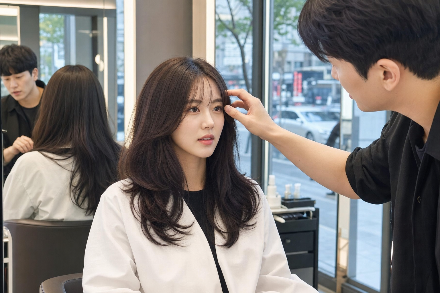강변역 인근 미용실의 레이어드 컷 상담 장면