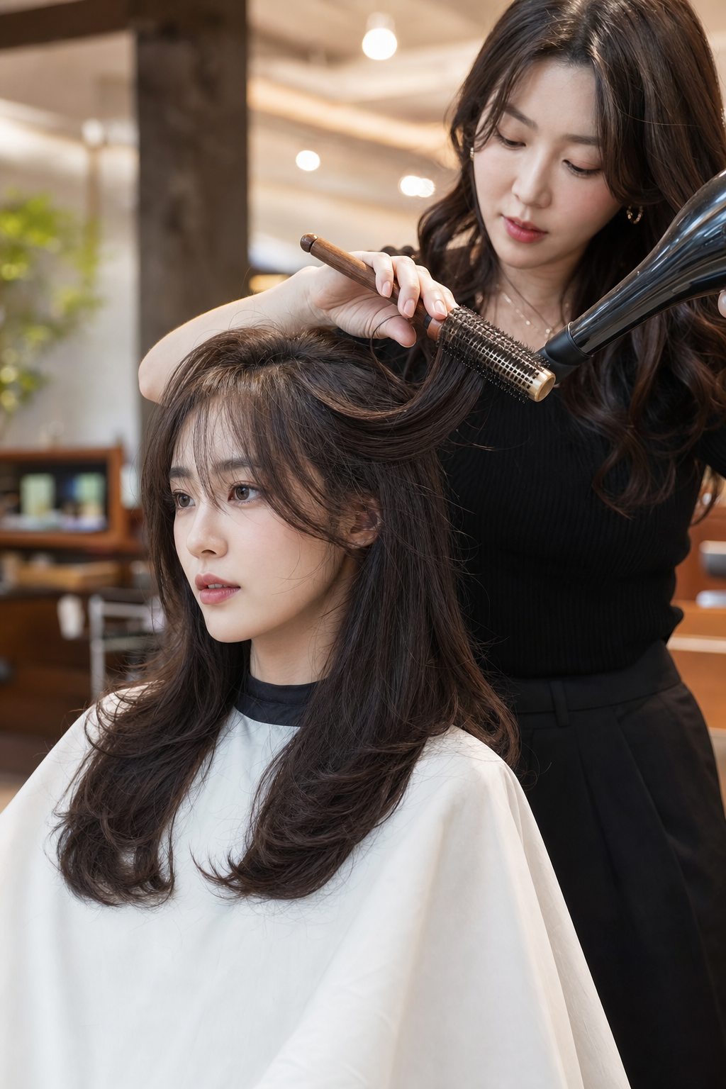 중단발 레이어드 펌 시술 장면